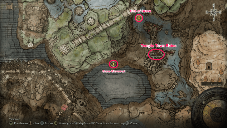 Elden Ring - Temple Town Ruins Grave Glovewort Map Location