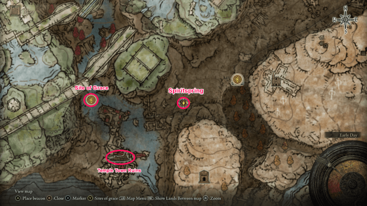 Elden Ring - Temple Town Ruins East Spiritspring Map Location