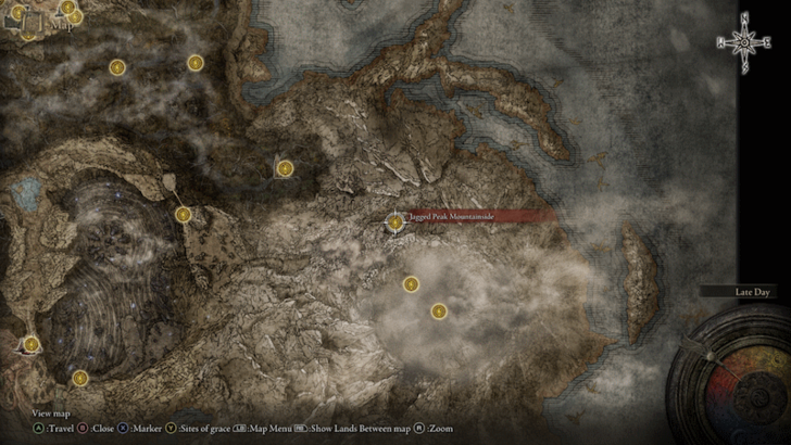 Elden Ring - Jagged Peak Mountainside Site of Grace Map Location