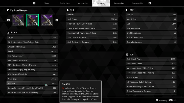 The First Descendant - Inventory screen Weapon Info