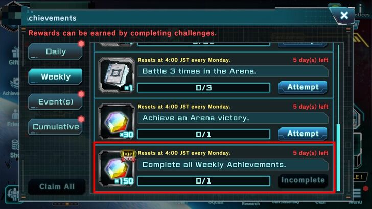 VIP Points for Weeklies - Gundam UC Engage