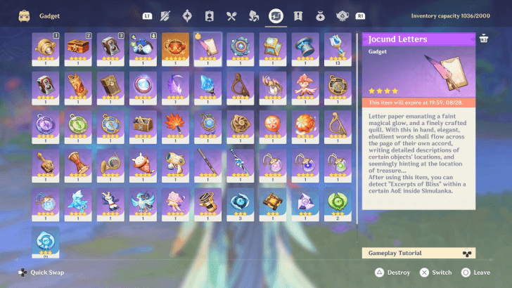 Jocund Letters in the Inventory Screen