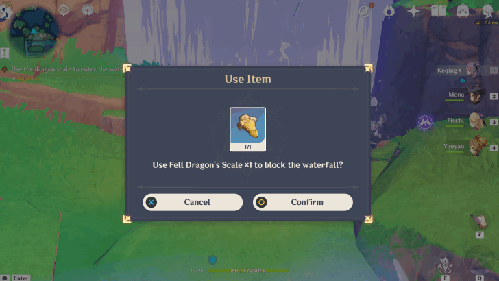 Genshin Impact Until the End of the World Walkthrough - Use the dragon scale to enter the waterfall
