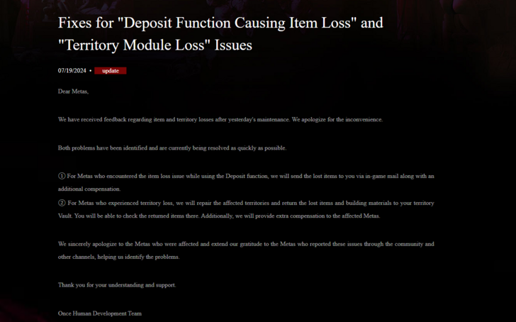 Once Human - Items Lost Deposit Territory Missing