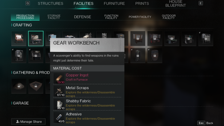 Once Human - Gear Workbench in the Build Mode Menu
