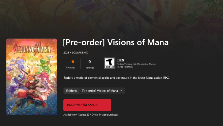 Visions of Mana - Also Purchased From the Microsoft Store