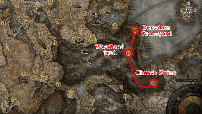 route from Forsaken Graveyard to Church Ruins