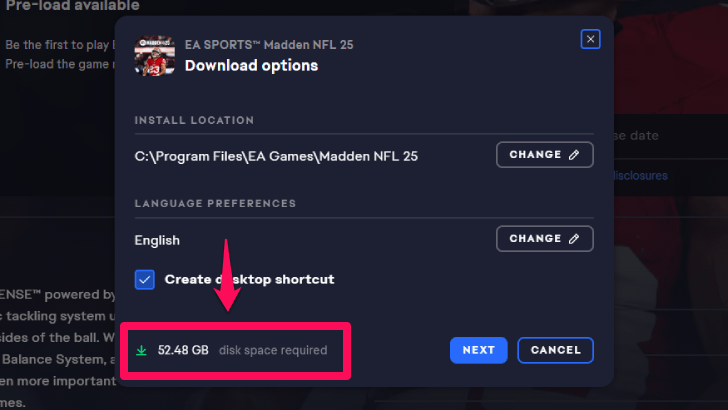 Madden NFL 25 - Pre-Load Date and Guide Disk Space Required