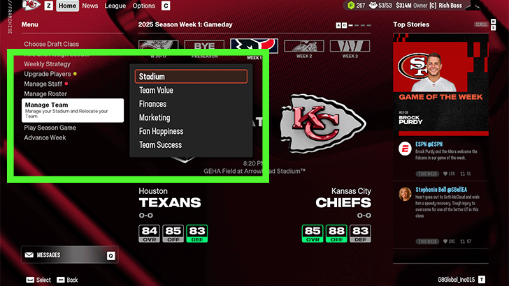 Madden NFL 25 - Manage Team and Select Stadium