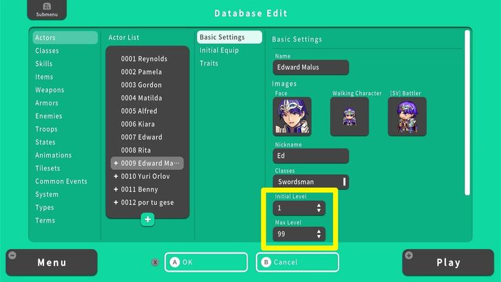 Character Initial and Max Level