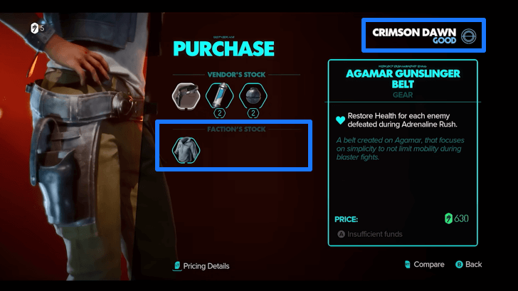 Star Wars Outlaws - Faction Standing and Stock in Vendor Shop