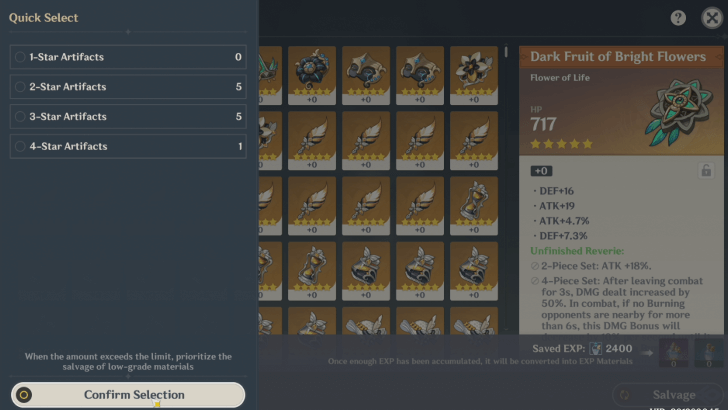 Genshin Impact - Artifact Salvage Filter by Quality