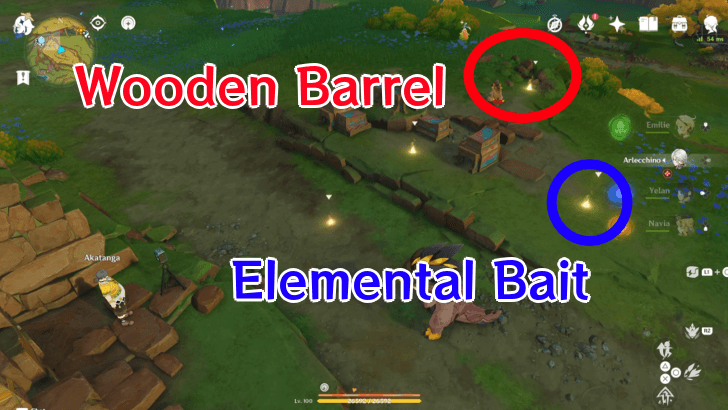 Place the wooden barrel and elemental bait