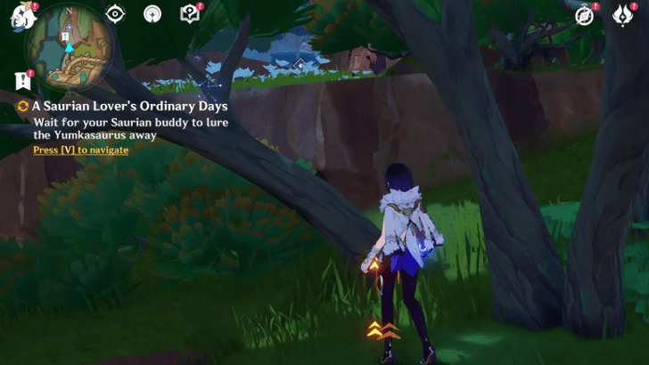 Genshin Impact A Saurian Lover’s Ordinary Days Walkthrough - Wait for your Saurian buddy to lure the Yumkasaurus away