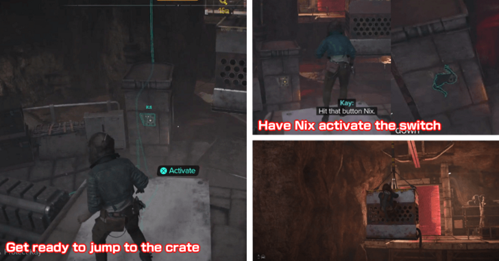 Have Nix activate the switch then jump to the crate