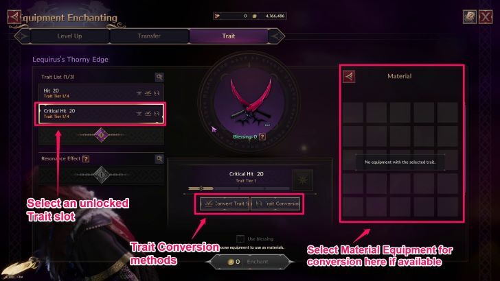 Throne and Liberty - Trait Conversion menu