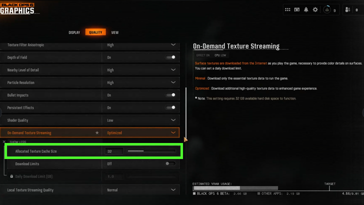 Allocated Texture Cache Size