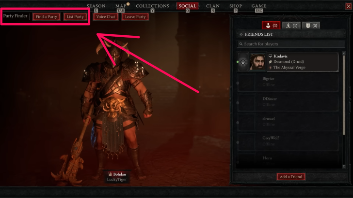 Diablo 4 - Party Finder in Social menu