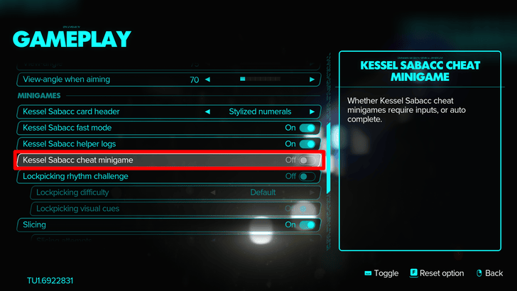 Turn Off Kessel Sabacc Cheat Minigame in Gameplay Settings
