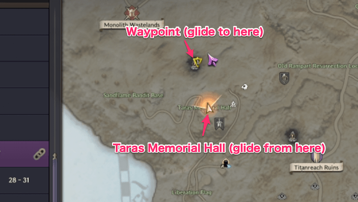 Throne and Liberty Glide to Monolith Wastelands Waypoint Map