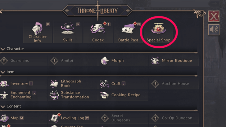 Throne and Liberty Special Shop Tab