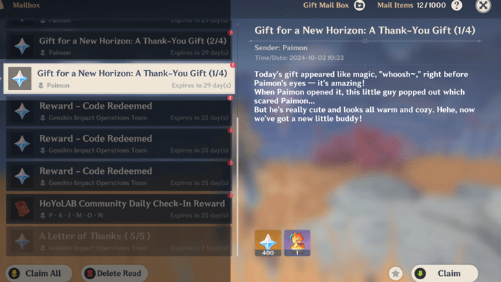 Genshin - How to Get the Firstborn Firesprite - Get from the In-Game Mail in 5.0. mode:show