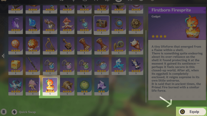 Genshin - How to Use Firstborn Firesprite - Equip from your Inventory