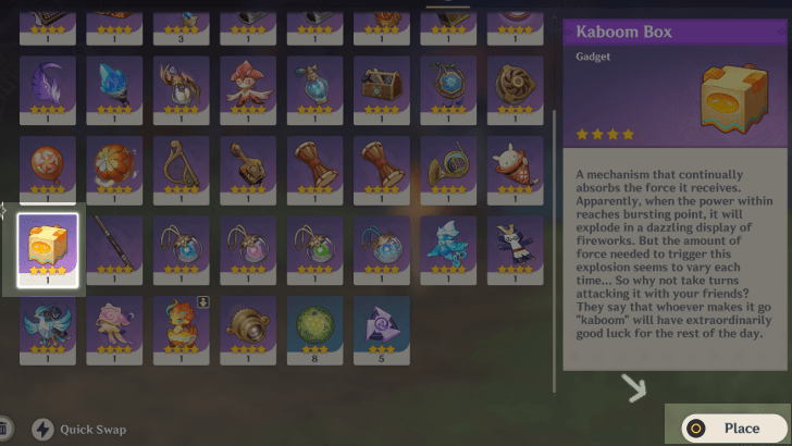 Genshin - How to Use Kaboom Box - Find the Gadget in Your Inventory and Press Place