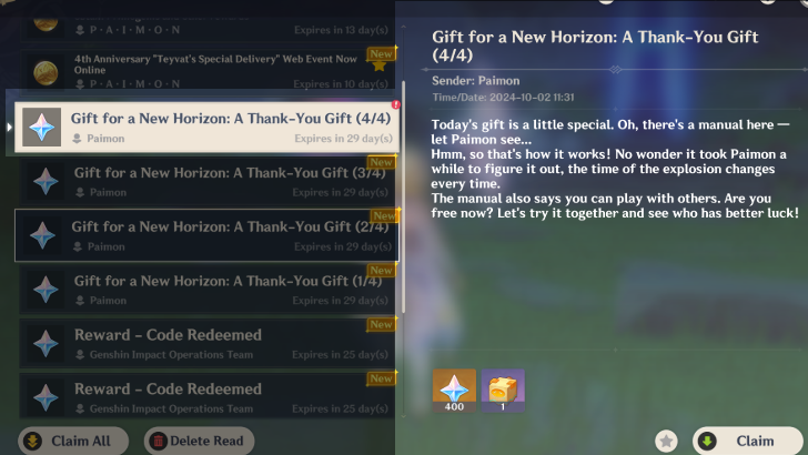 Genshin - How to Get Kaboom Box - Get from the In-Game Mail in 5.0