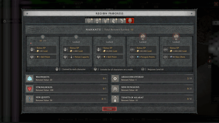 Diablo 4 Fractured Peaks Renown Region Progress Screent