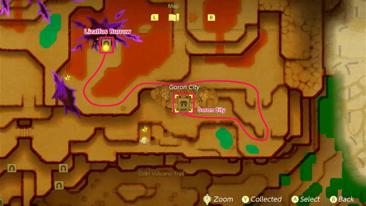Lizalfos Burrow Step 1 - Goron City to Lizalfos Burrow Map