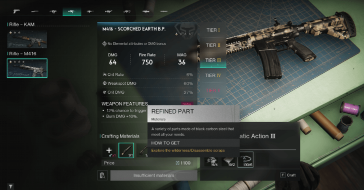 using Refined Part in crafting weapons