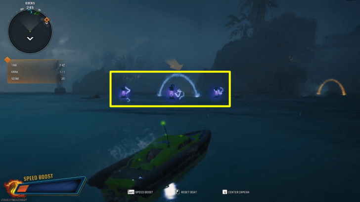 Speedboat Race Collect Speed Boost Charges and Follow Rings