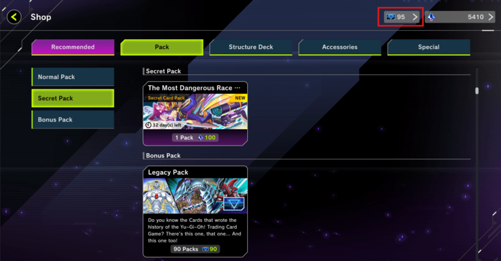 Master Duel - Pack Tickets on Top Right Corner