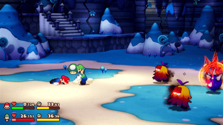 Luigi Giving a Downed Mario a 1-Up Mushroom