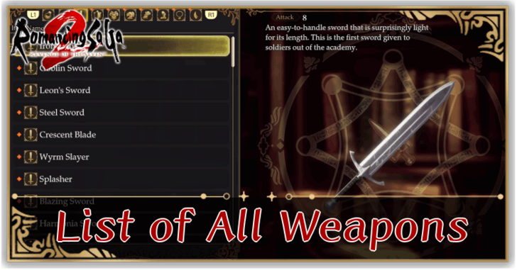 Romancing Saga 2 - List of Weapons