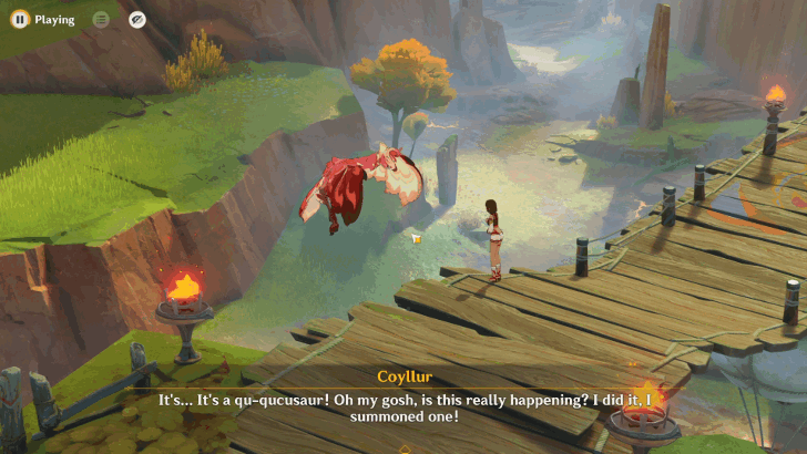 Genshin Impact The Wingless One of Tlalocan Walkthrough - Indwell a Qucusaurus to get close to Coyllur