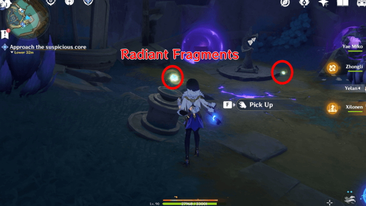 Genshin Impact - How to Clear the Abyssal Corruption Out - Use Radiant Fragments to Light Up Pillars