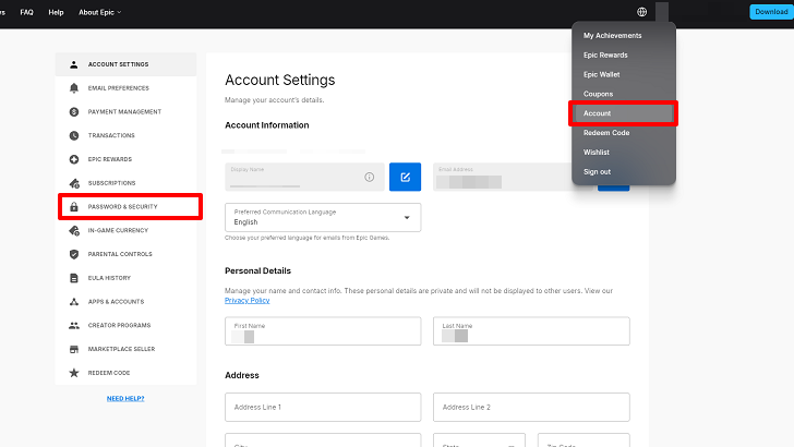Password and Security Account Settings