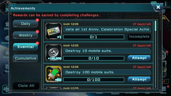 Achievement Rewards Part 1 - Gundam UCE
