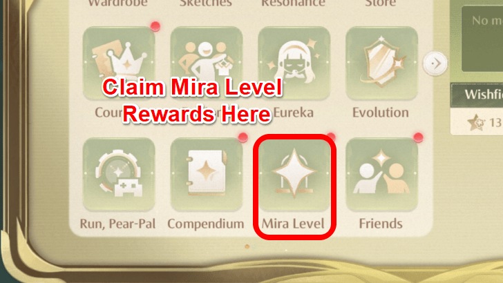 Infinity Nikki Mira Level Rewards Tab