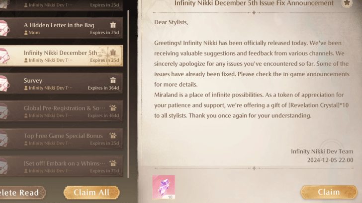 Revelation Crystals as Mail Rewards