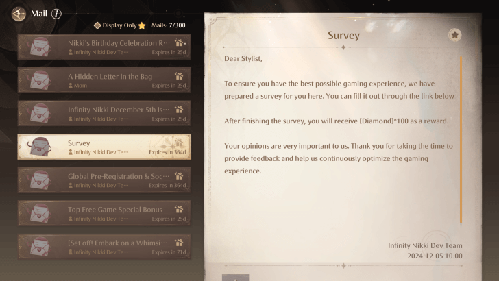 Mail Survey From the Infinity Nikki Dev Team