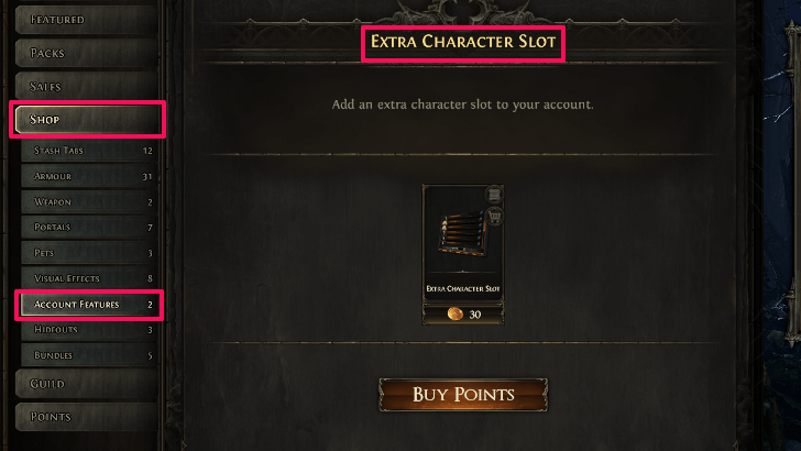 Shop Tab, Account Features, and Extra Character slot Item