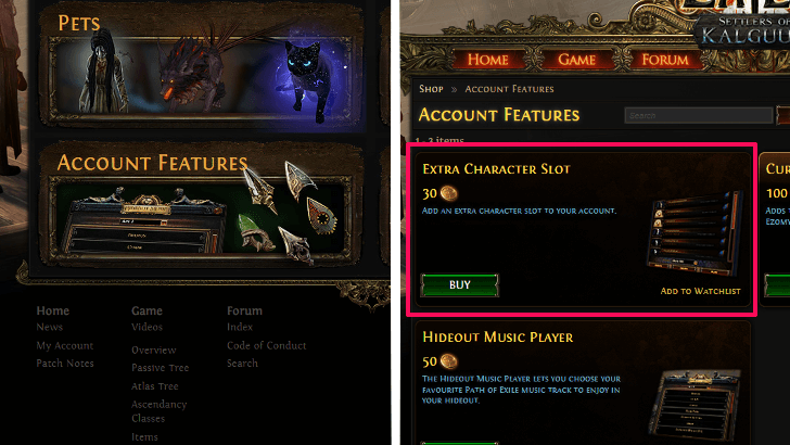 Click on Account Features and Extra Character Slot