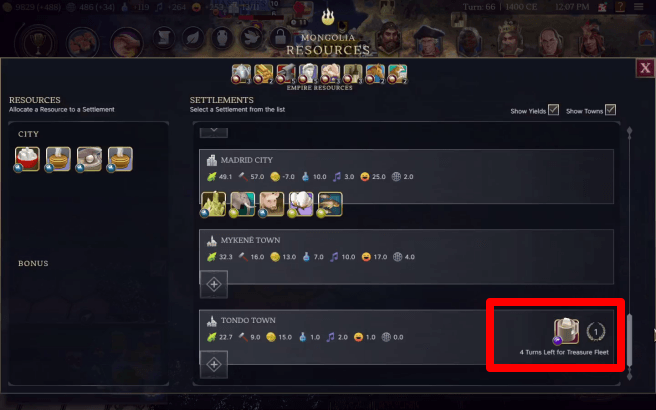 Treasure Fleet spawn countdown on the Resources screen