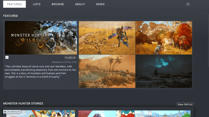 Monster Hunter Steam Page