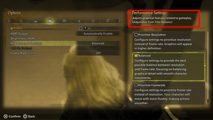 Performance Settings Title Options Only