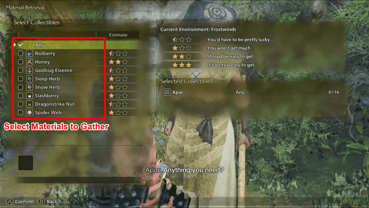 Monster Hunter Wilds Select Materials to Gather