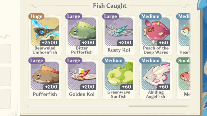 Genshin - Different Fish Sizes Mean Different Points